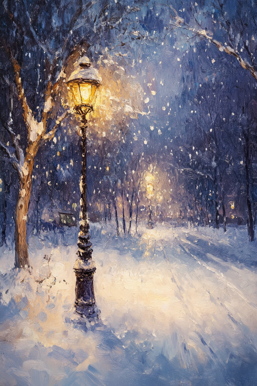 Snowfall Under Lamplight Canvas