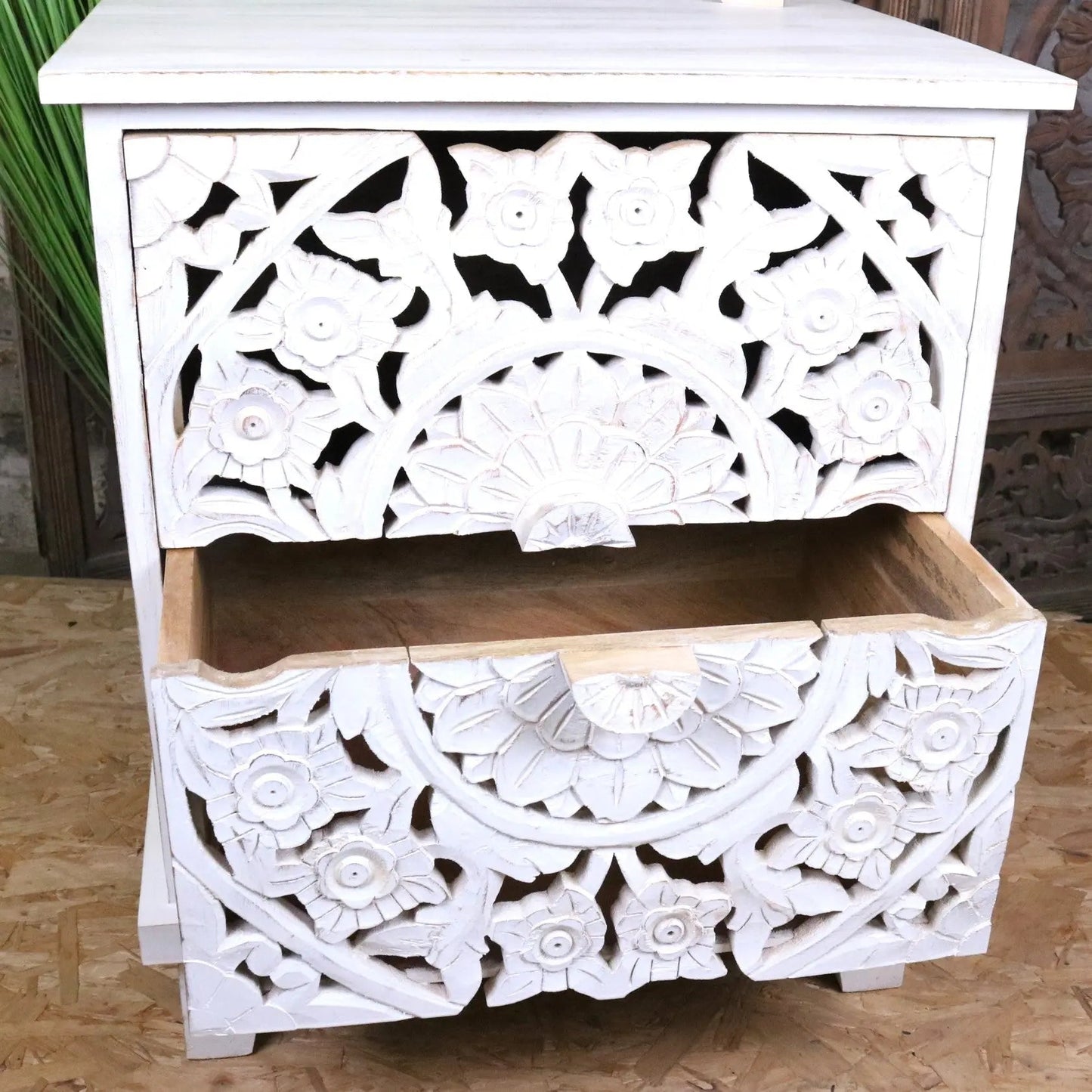 Sohani Wooden Carved Bedside Table Cabinet Distressed White