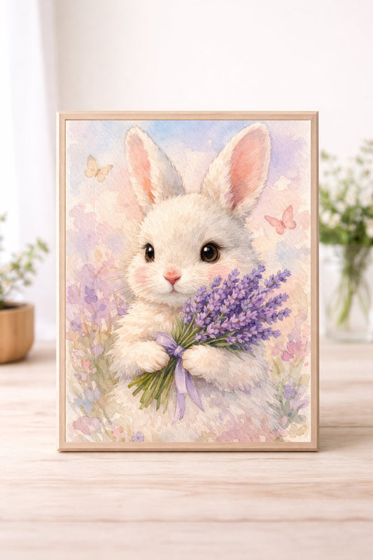 Spring Bunny Wall Art – Cute Rabbit with Lavender Watercolour Print Cottagecore Nursery Spring Decor