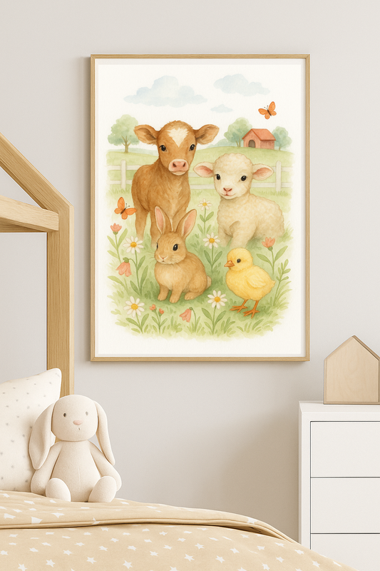 Spring Farm Friends Nursery Wall Art – Baby Calf, Bunny, Lamb & Chick Watercolour Print