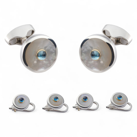 Sterling Silver And Mother Of Pearl With Blue Topaz Dress Set
