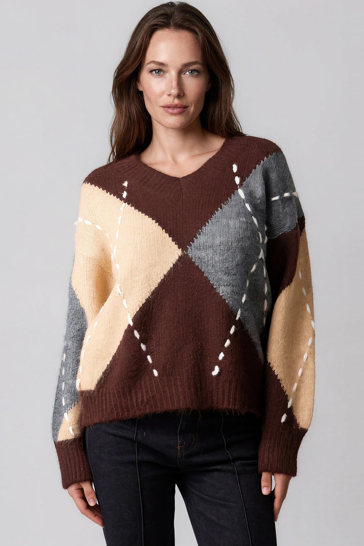 Chocolate Argyle Pattern V Neck Jumper