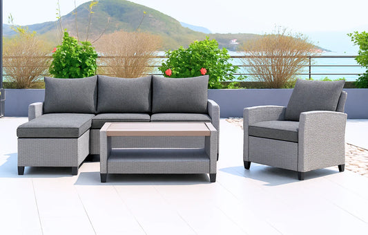 Stockholm Rattan Grey 4 Seater Garden Chaise Lounge Set with Armchair