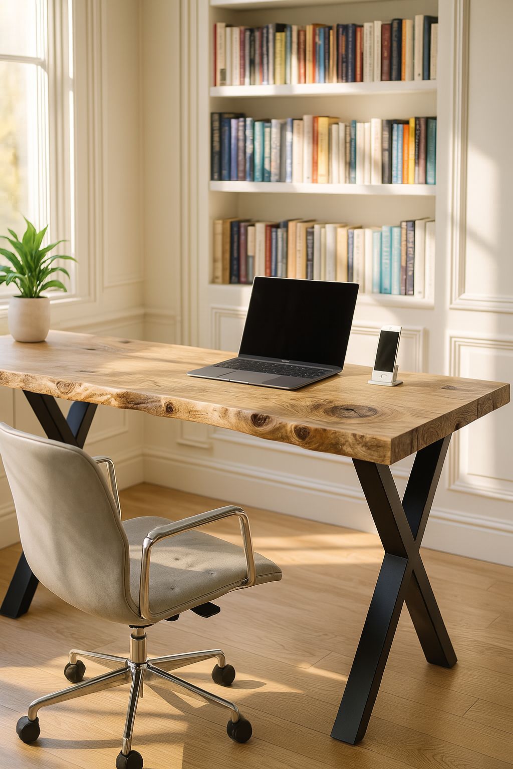 Live / Waney Edge Study Desk / Table With X Cross Metal Legs