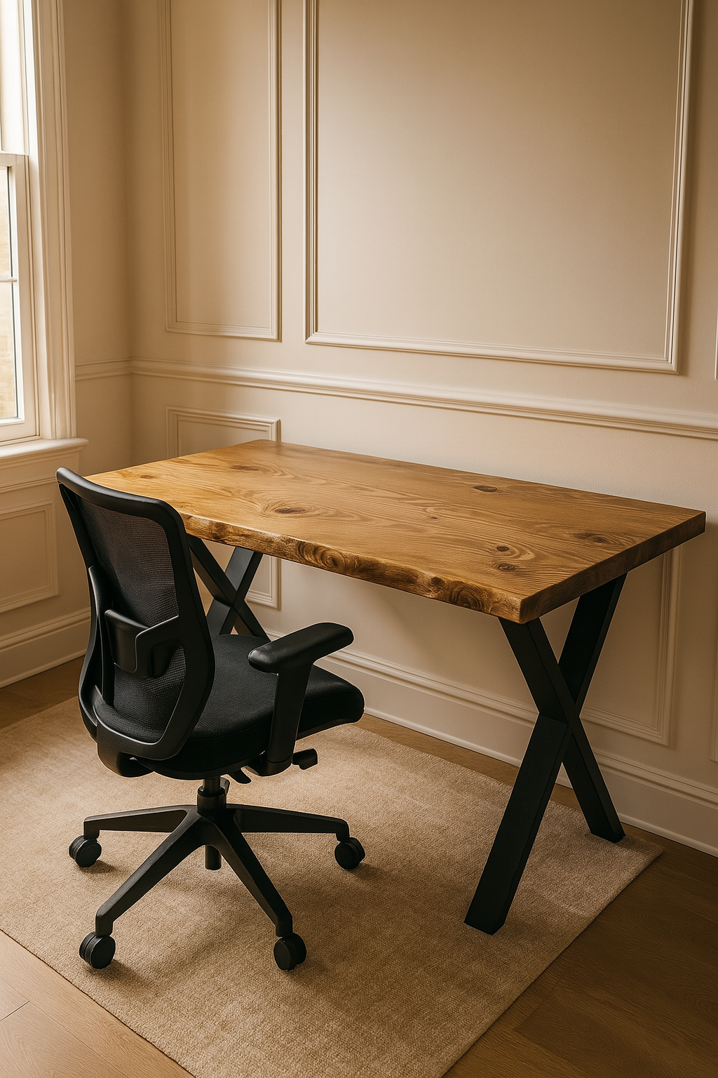 Live / Waney Edge Study Desk / Table With X Cross Metal Legs