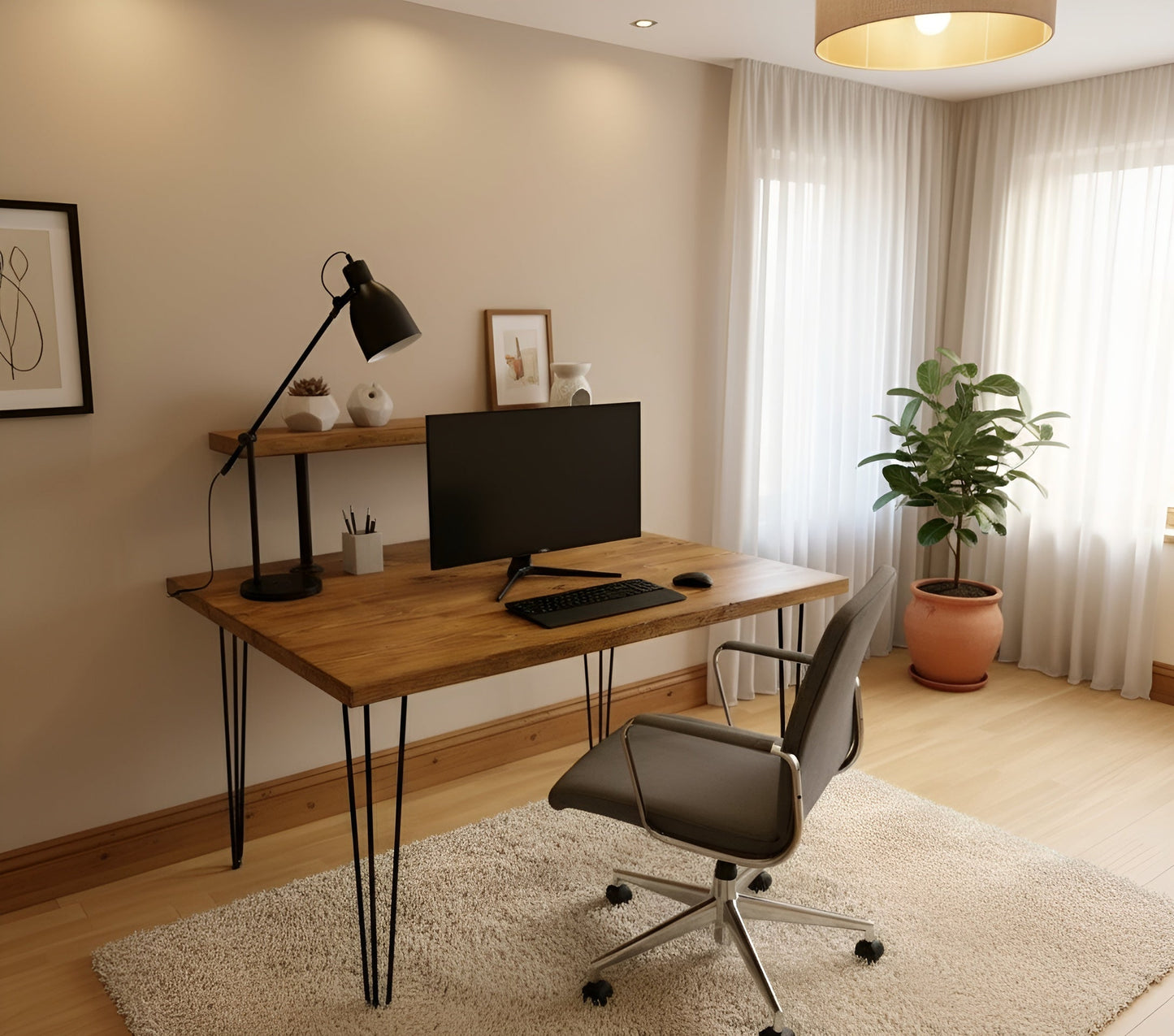 Handcrafted Wooden Study Desk with Shelf & Hairpin Legs