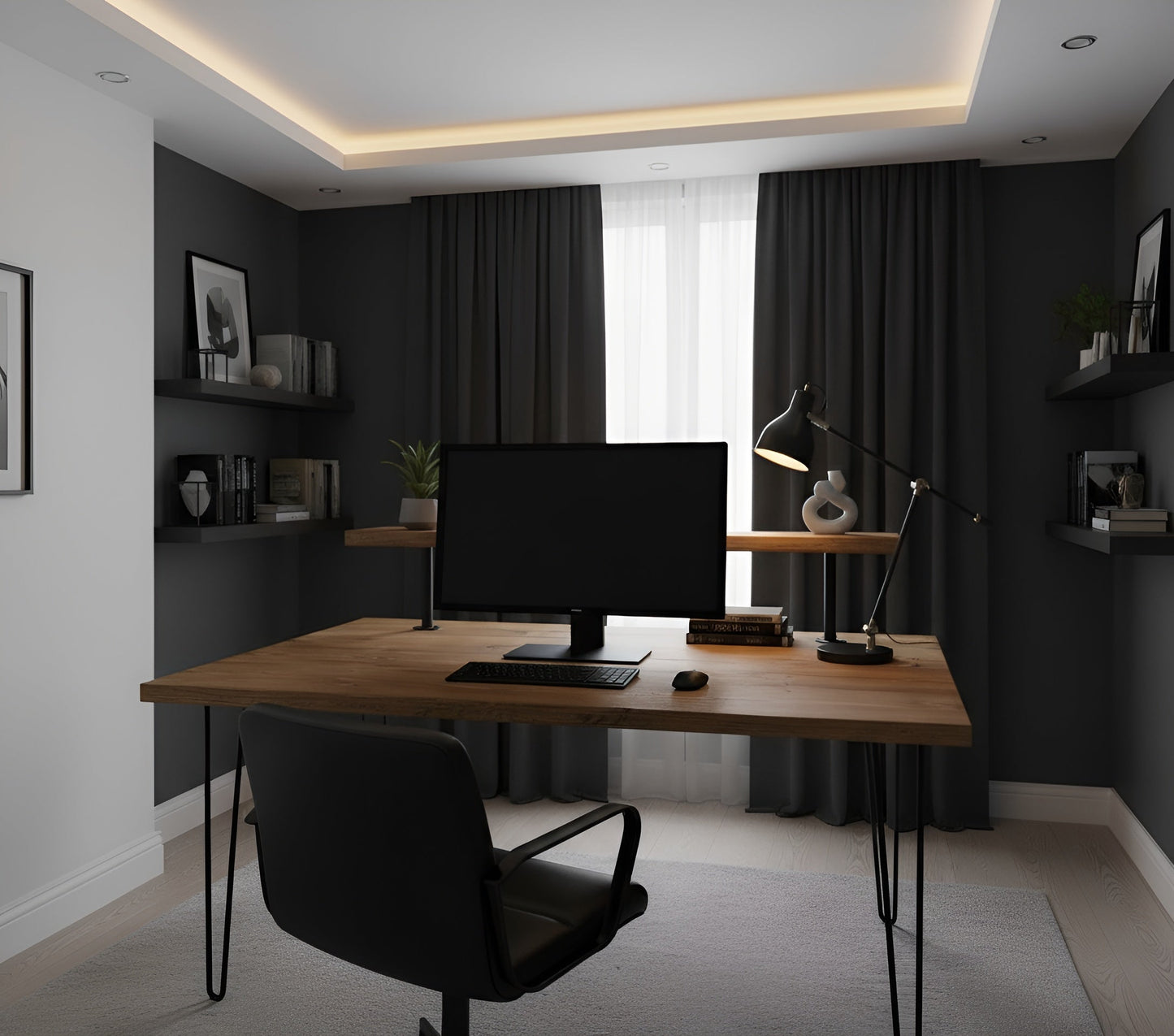 Handcrafted Wooden Study Desk with Shelf & Hairpin Legs