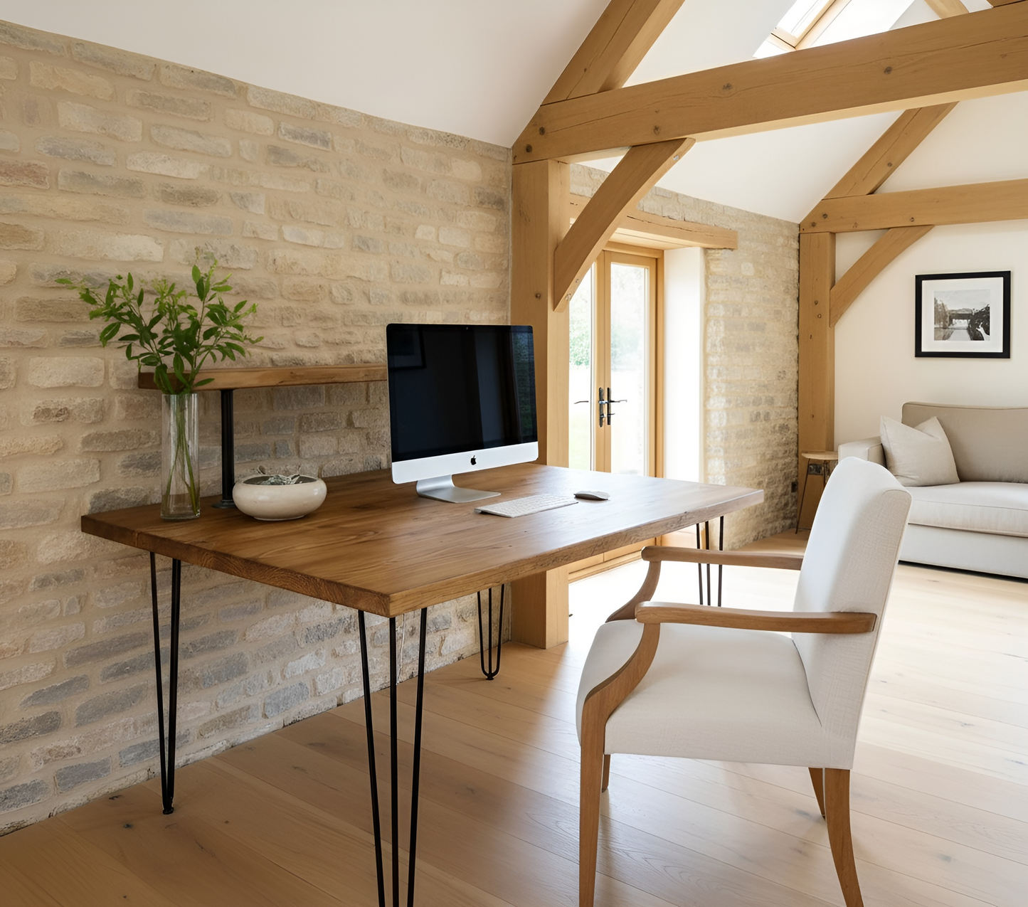 Handcrafted Wooden Study Desk with Shelf & Hairpin Legs