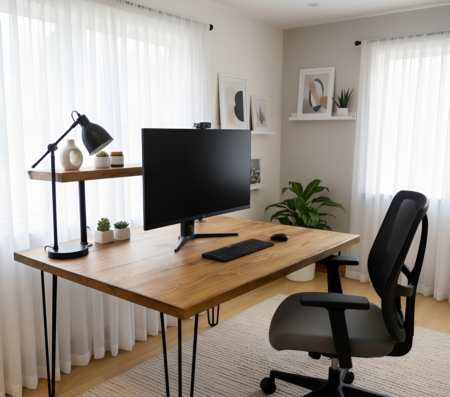 Handcrafted Wooden Study Desk with Shelf & Hairpin Legs