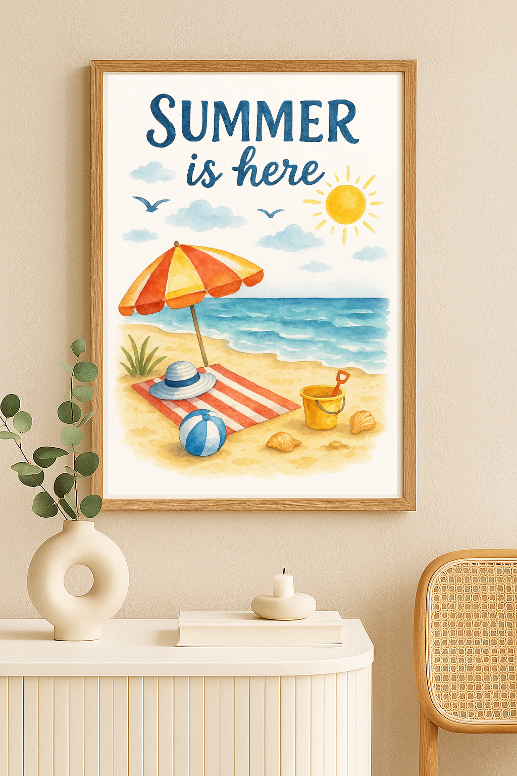 Summer Is Here Watercolour Beach Wall Art – Coastal Kids Room Print with Umbrella & Sand Toys