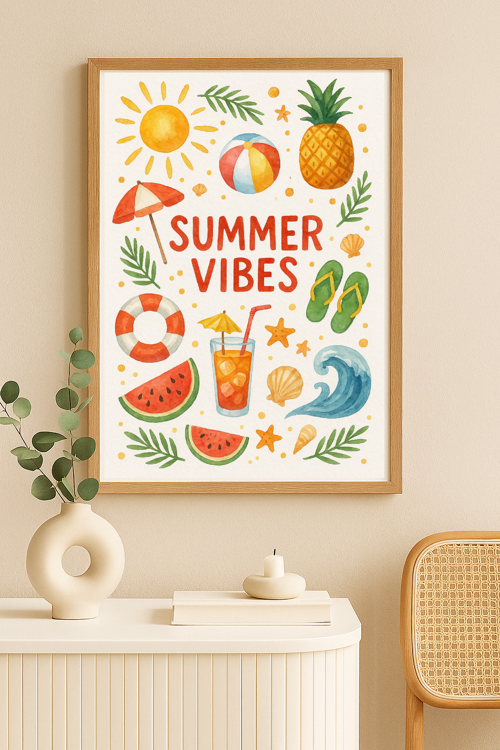 Summer Vibes Watercolour Wall Art – Tropical Beach Themed Print with Pineapple & Sunshine