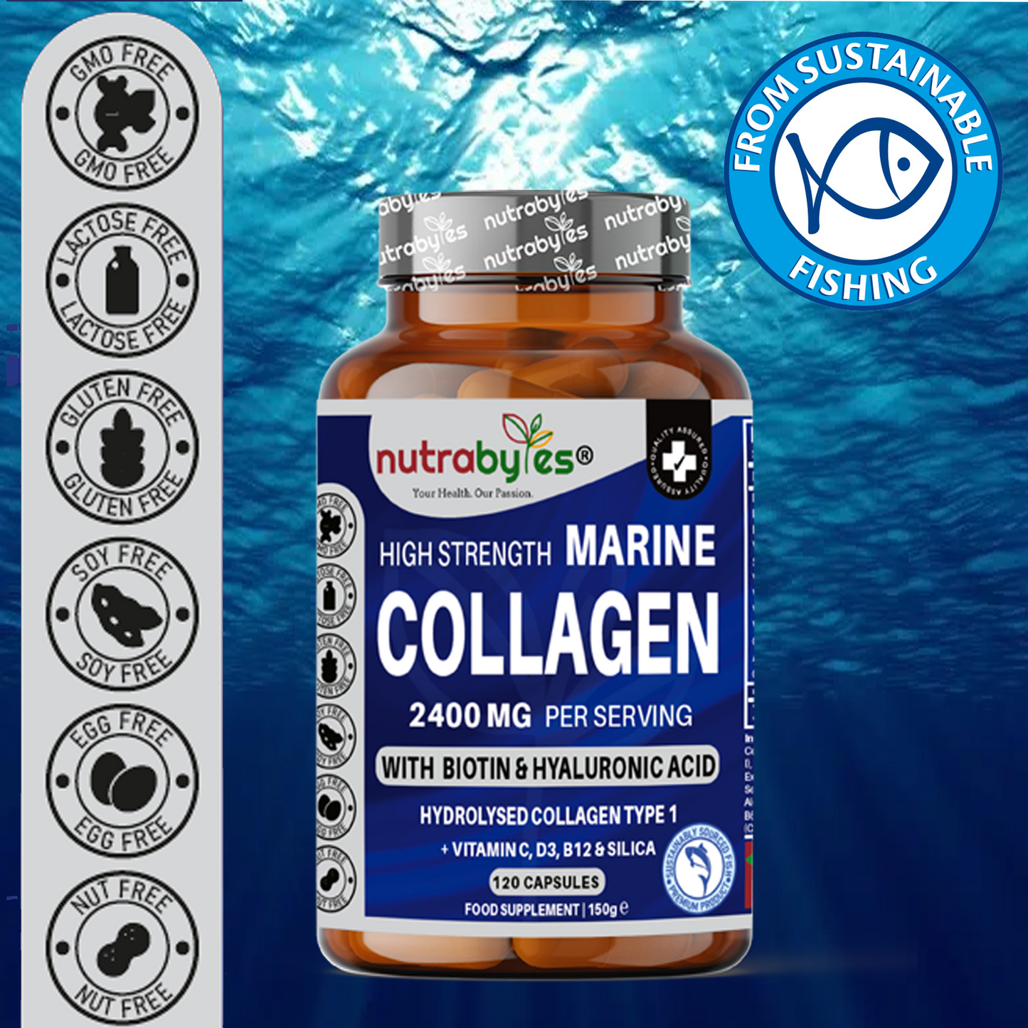 High Strength Marine Collagen Capsules 2400mg | 120 Capsules with Vitamin C, Hyaluronic Acid & Biotin | Made in UK
