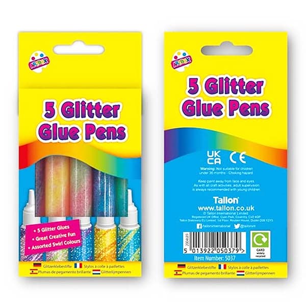Children's Pack of 5 Colour Swirl Glitter Glue Pens for Ages 3 and Up