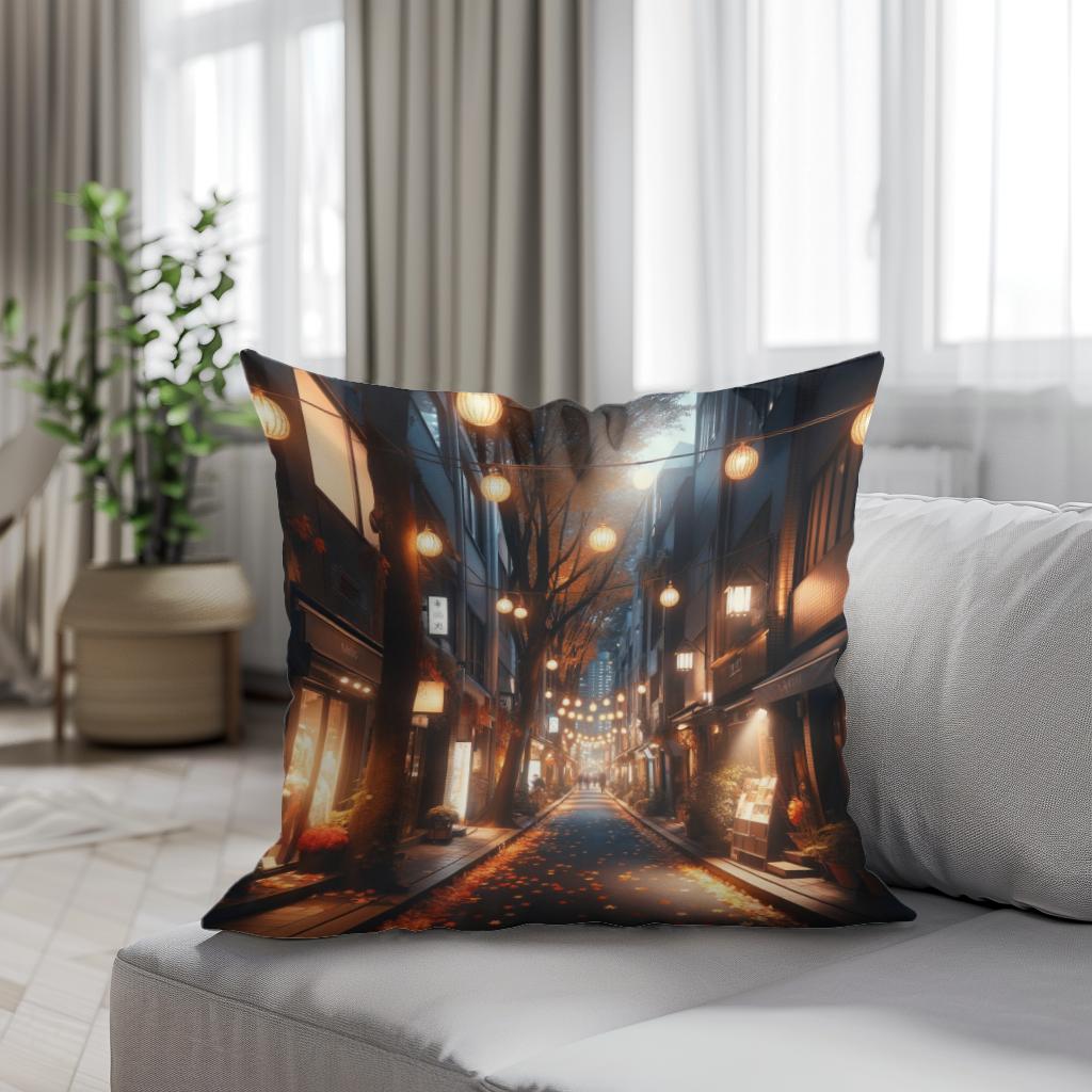 Autumn Alley at Night Cotton Cushion
