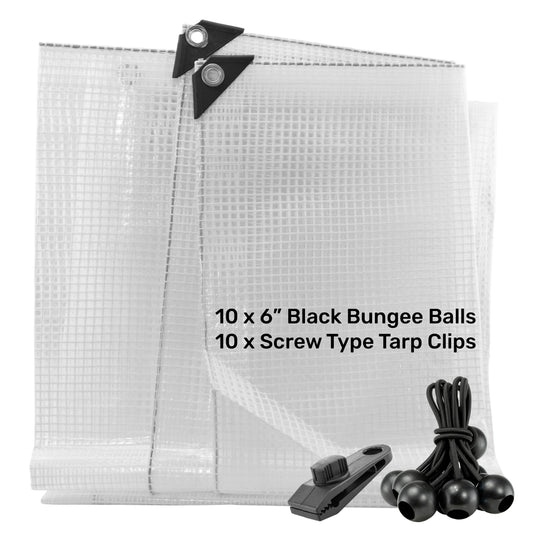 Clear M-Grade Tarpaulin with 10 x 6" Bungee Balls (Black) and 10 x Screw Type Tarp Clips