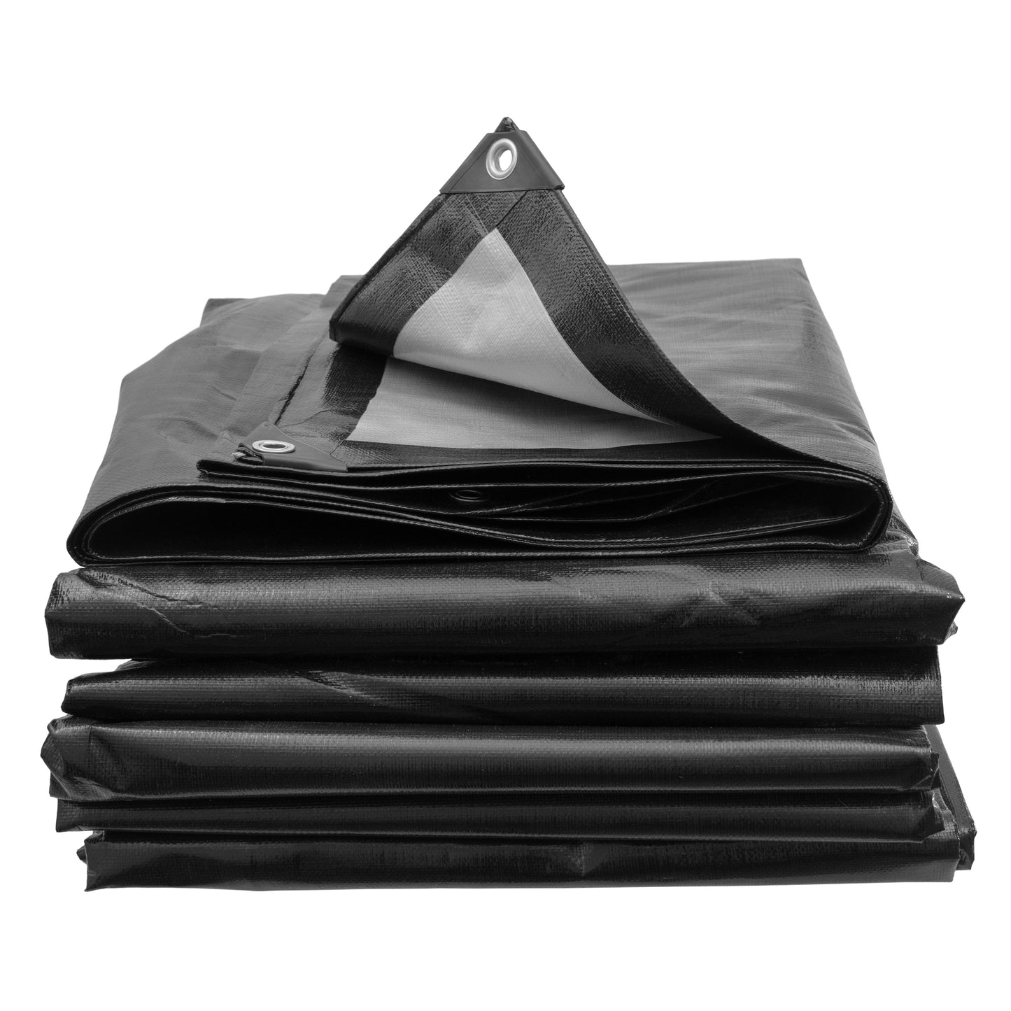 Black/Silver L-Grade Tarpaulin with 10 x 6" Bungee Balls (Black) and 10 x Screw Type Tarp Clips