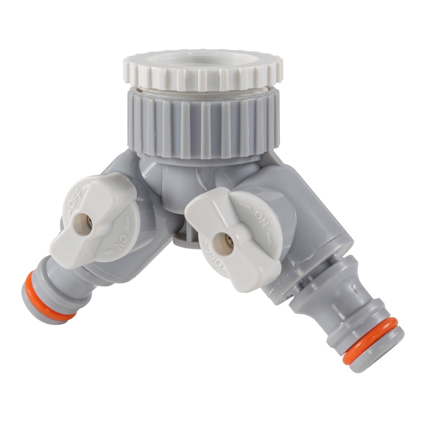 2-Way Tap Connector With Valves 1" or 3/4" BSP Female, Gray/White