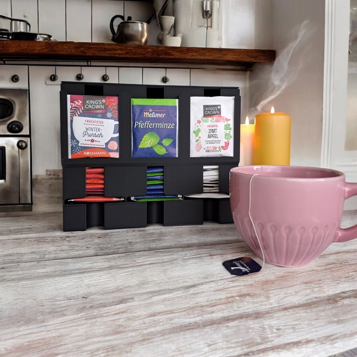 Modern Tea Organizer: 3-Slot 3D Printed Tea Dispenser