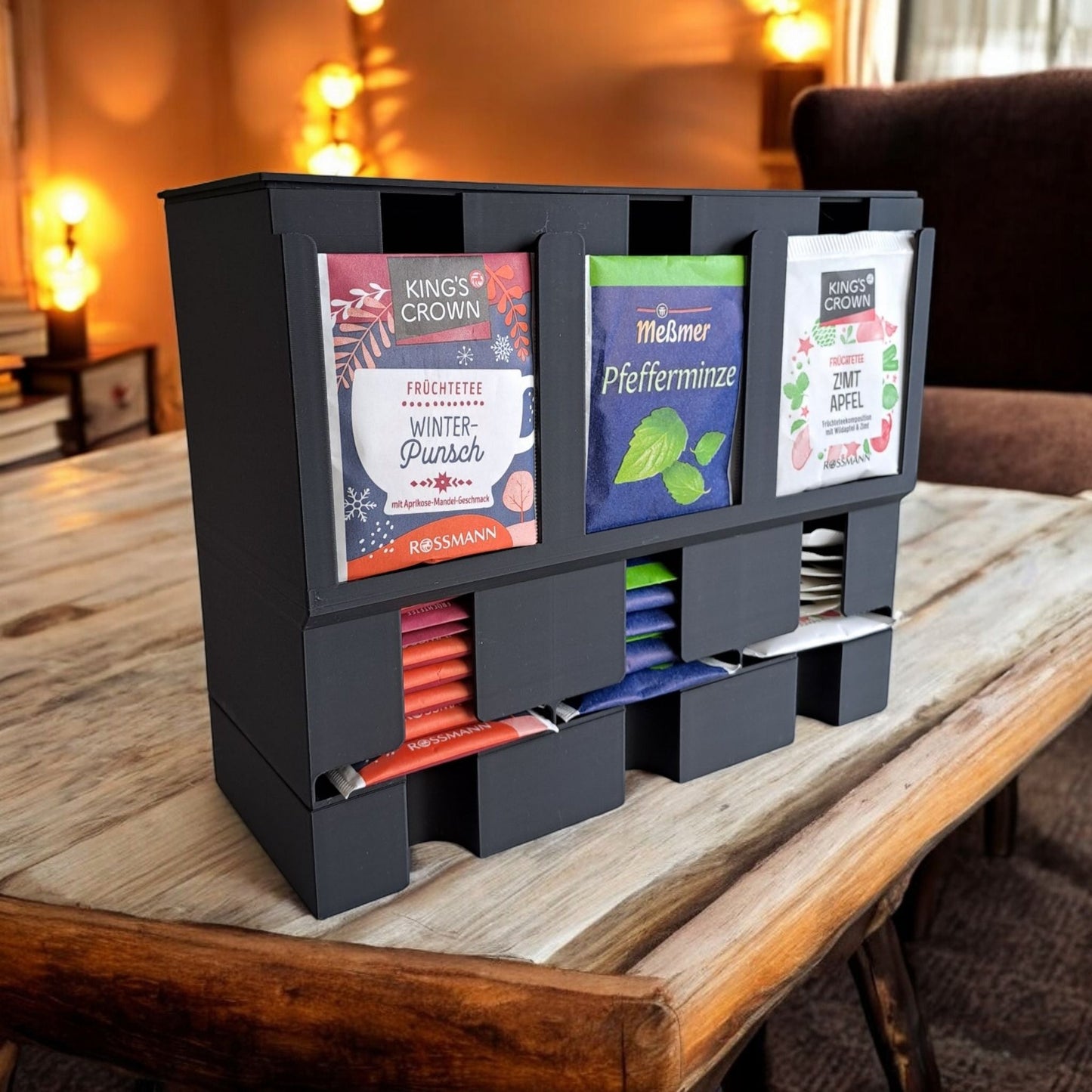 Modern Tea Organizer: 3-Slot 3D Printed Tea Dispenser