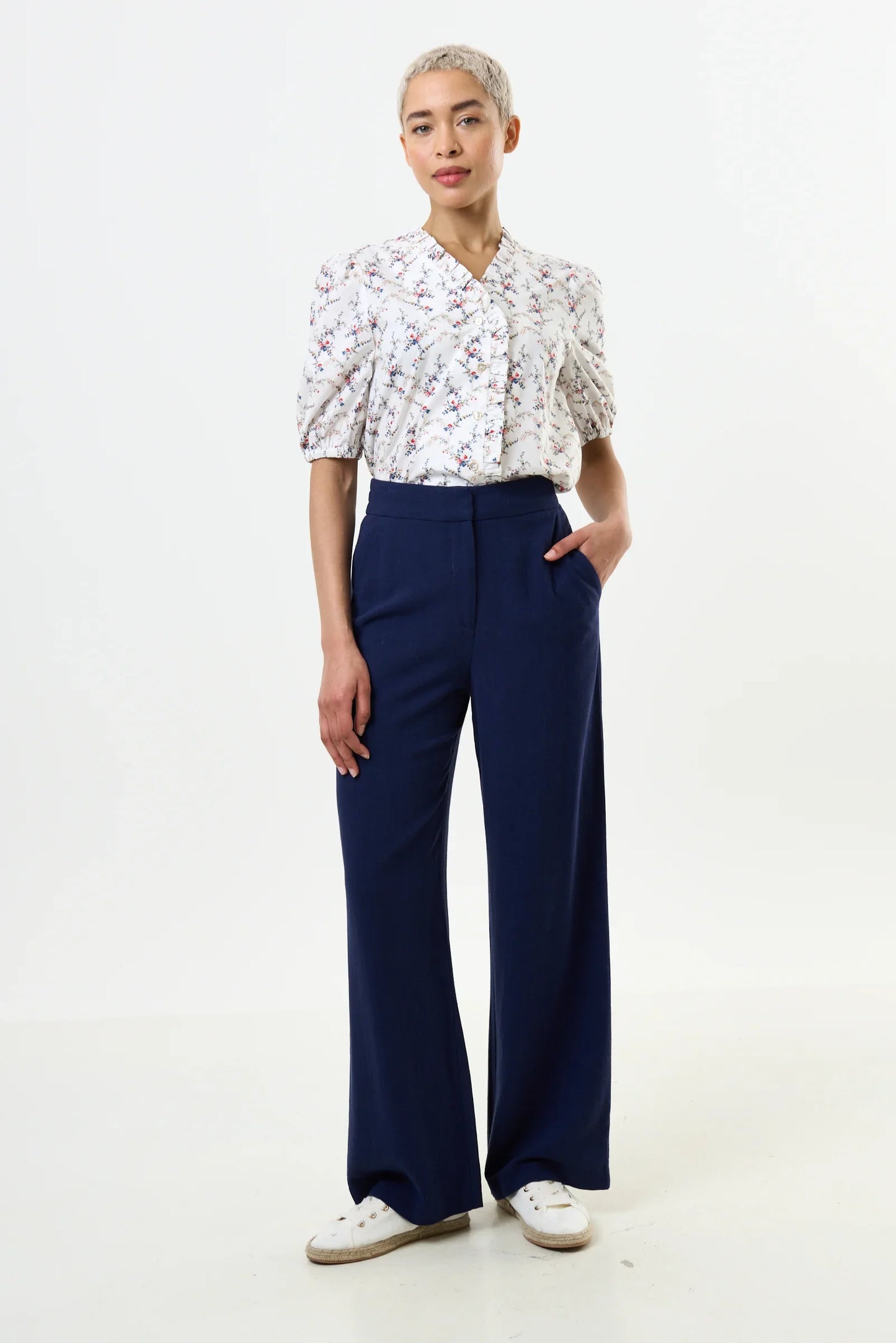 Tilde Linen Mix Wide Leg Trousers - Navy
