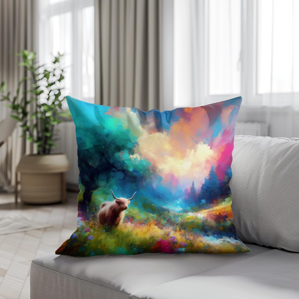 Vivid Highland Cow Escape Cotton Cushion