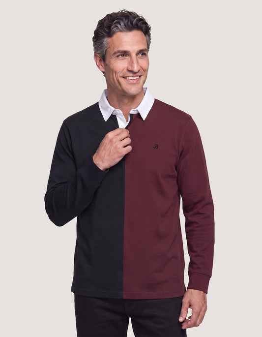 Black and Maroon Colour Block Rugby Shirt