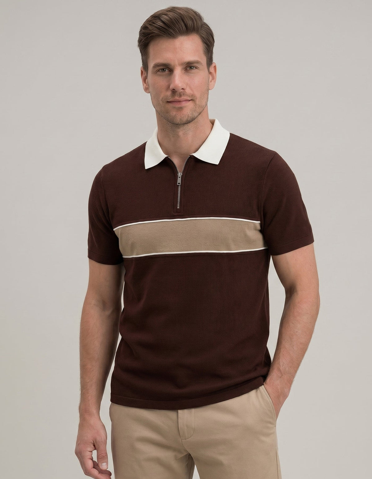 Brown Zip Neck Polo Shirt