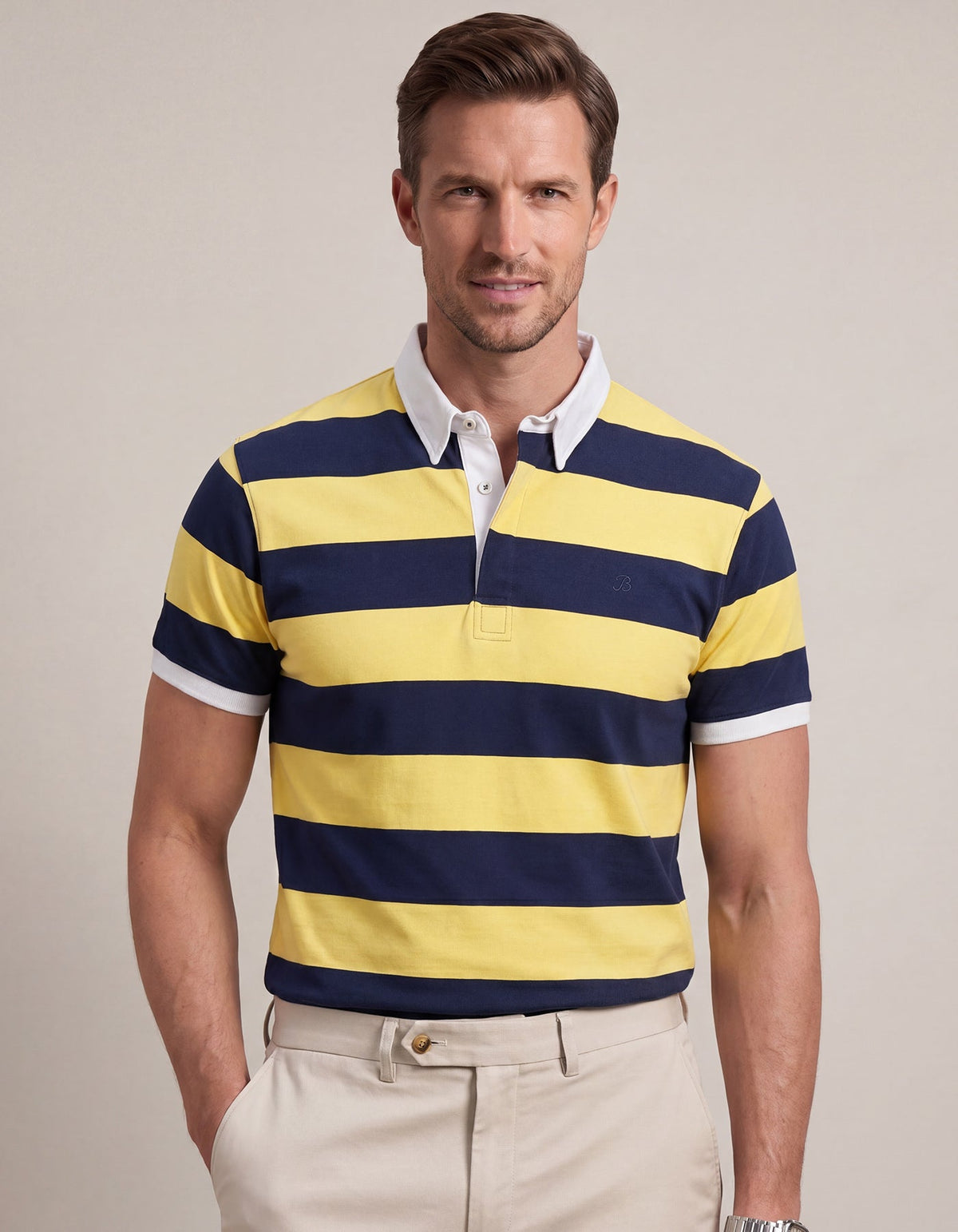 Yellow Striped Contrast Collar Cotton Polo Shirt