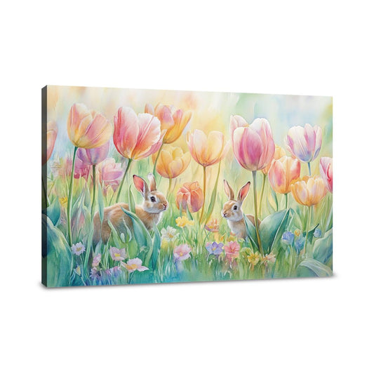 Tulip Meadow and Rabbits Canvas
