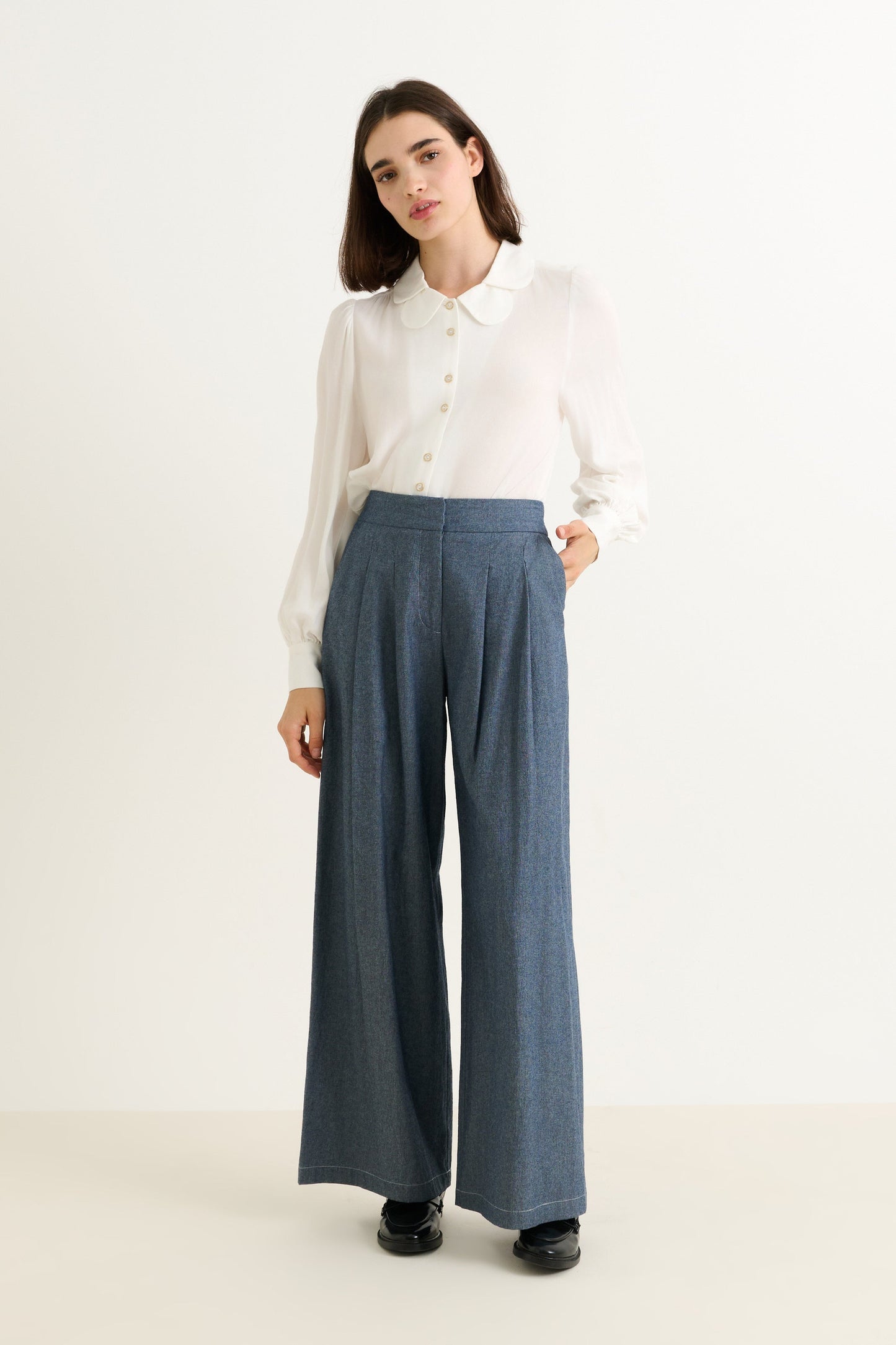 Tyler Chambray Wide Leg Trouser - Dark Grey
