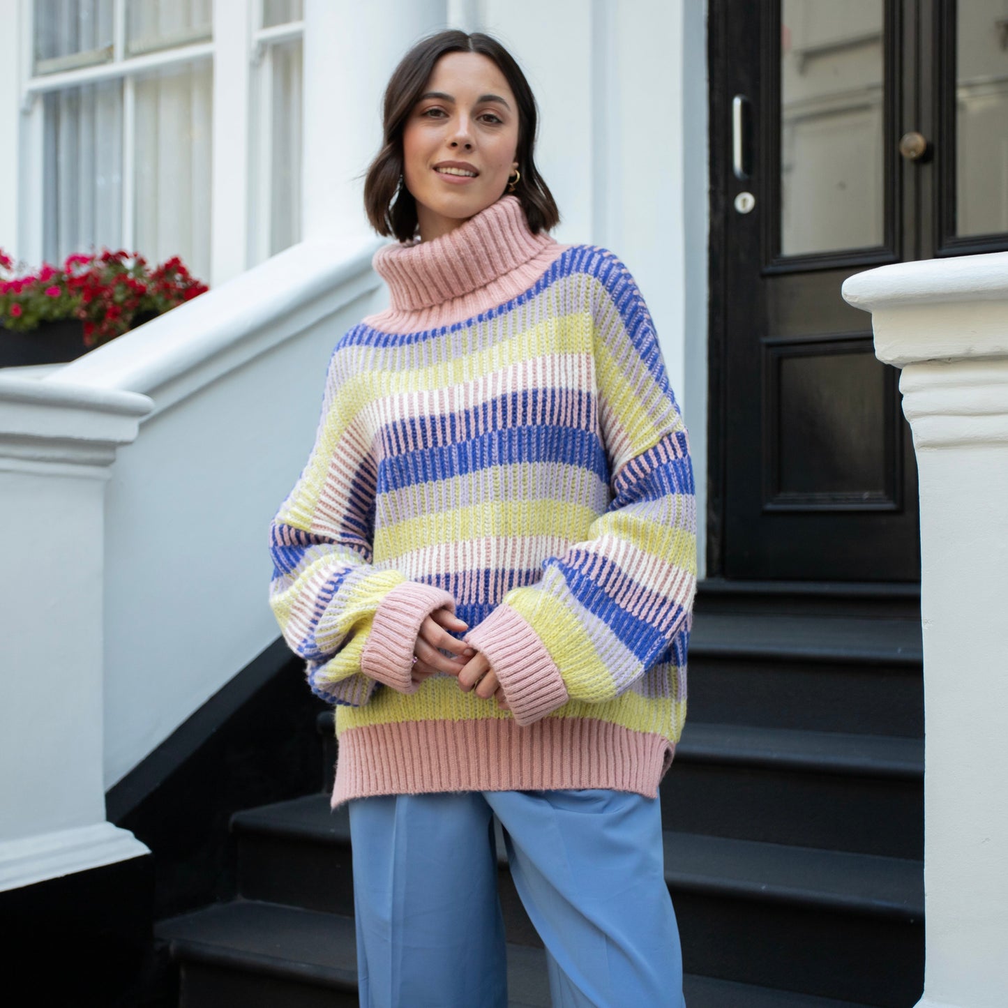 Tasha Oversized Balloon Sleeve Stripe Roll Neck Jumper - Pink