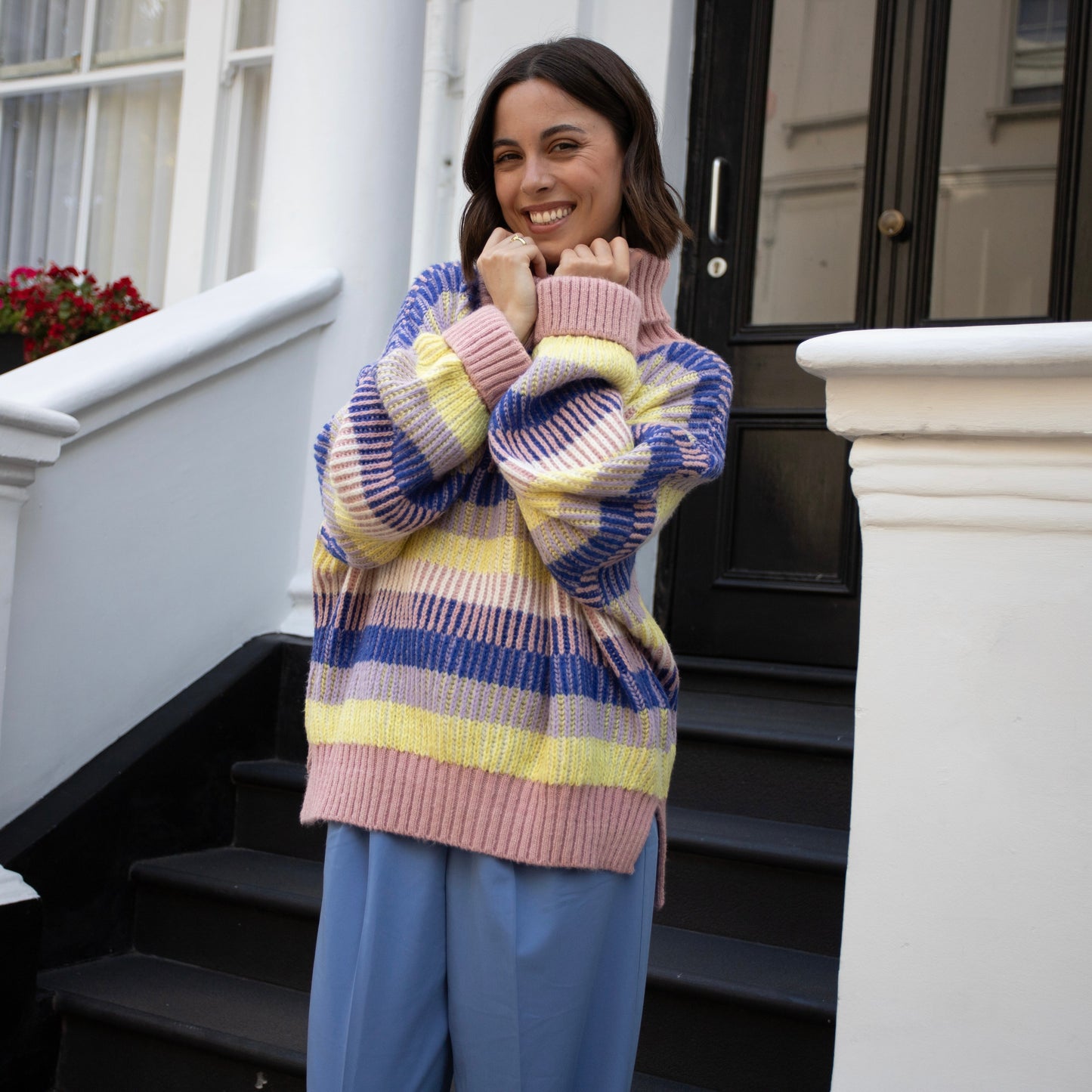 Tasha Oversized Balloon Sleeve Stripe Roll Neck Jumper - Pink