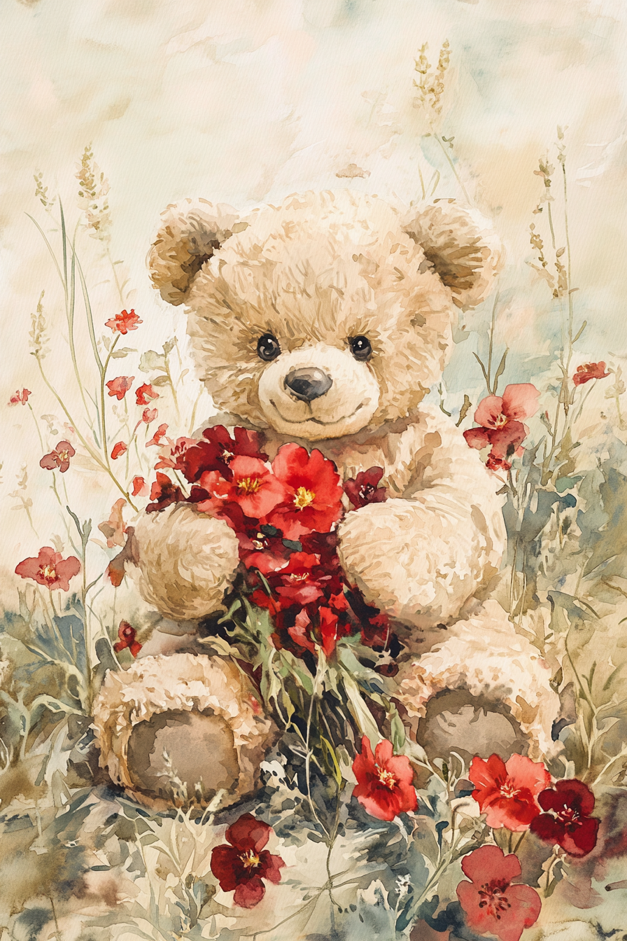 Teddy's Floral Embrace Canvas