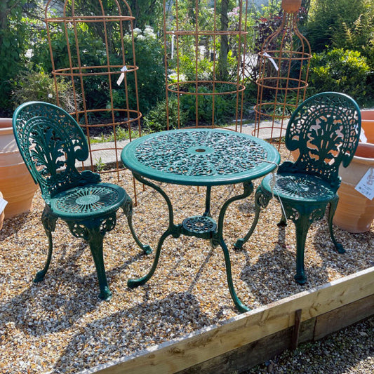 The Foalyard Jardine Leisure Aluminium Coalbrookdale Round 68cm Table and Chairs Green Tea Patio Set