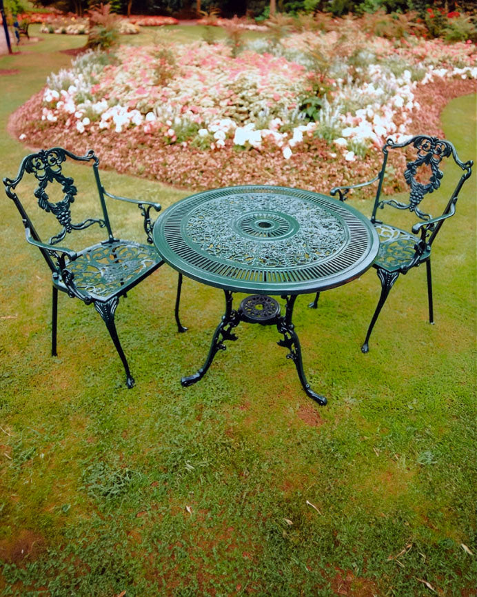 The Foalyard Jardine Leisure Aluminium Coalbrookdale Round 81cm Table Green with Grape Chairs Garden Set
