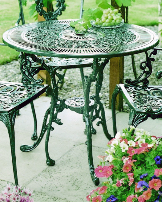 The Foalyard Jardine Leisure Aluminium Coalbrookdale Round 81cm Table Green with Grape Chairs Set