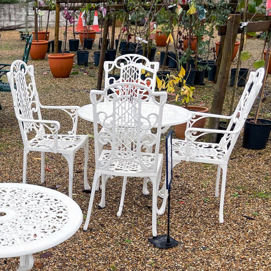 The Foalyard Jardine Leisure Aluminium Coalbrookdale Round 81cm Table and Victorian Carver Chairs Garden Set for Four White