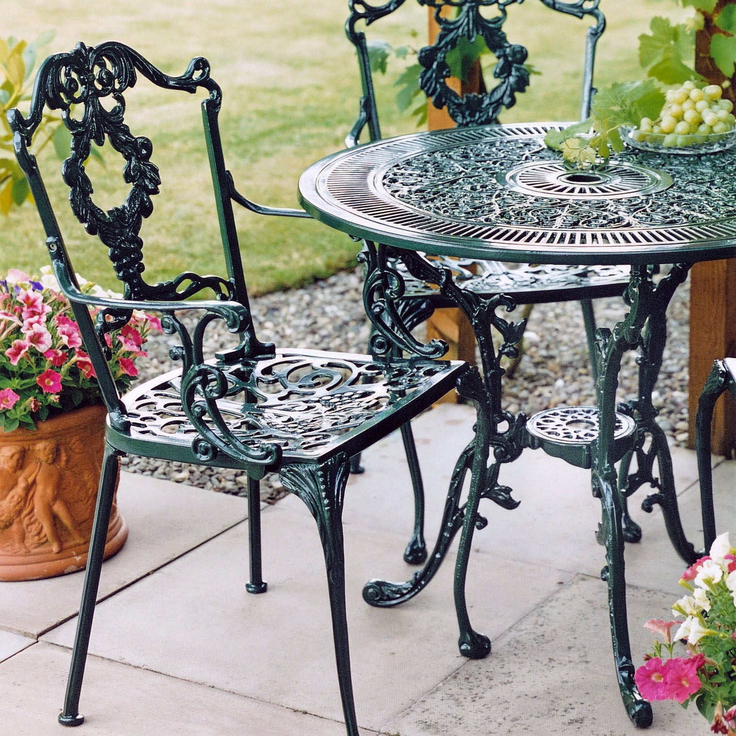 The Foalyard Jardine Leisure Aluminium Coalbrookdale Round 81cm Table with Grape Carver Chairs Garden Set