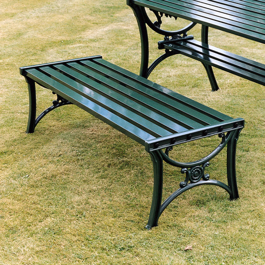 The Foalyard Jardine Leisure Aluminium Edwardian Coffee Table and Form Bench Wooden Slats Green