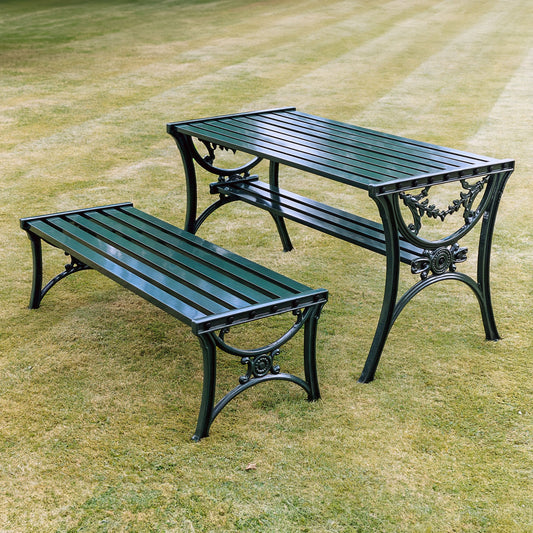 The Foalyard Jardine Leisure Aluminium Edwardian Table 126x65cm and Form Bench Green Set