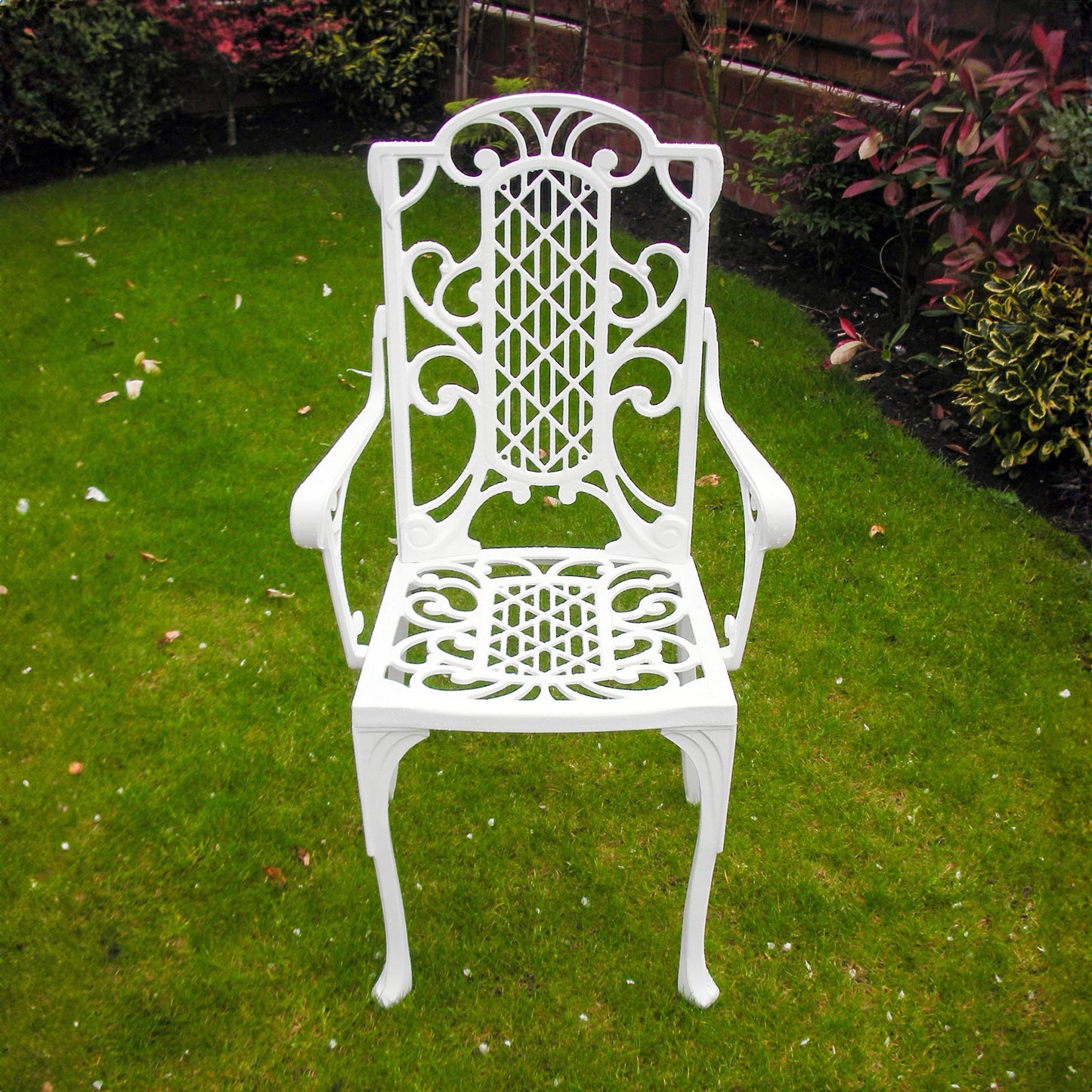 The Foalyard Jardine Leisure Aluminium Victorian Carver Chair White Garden front view