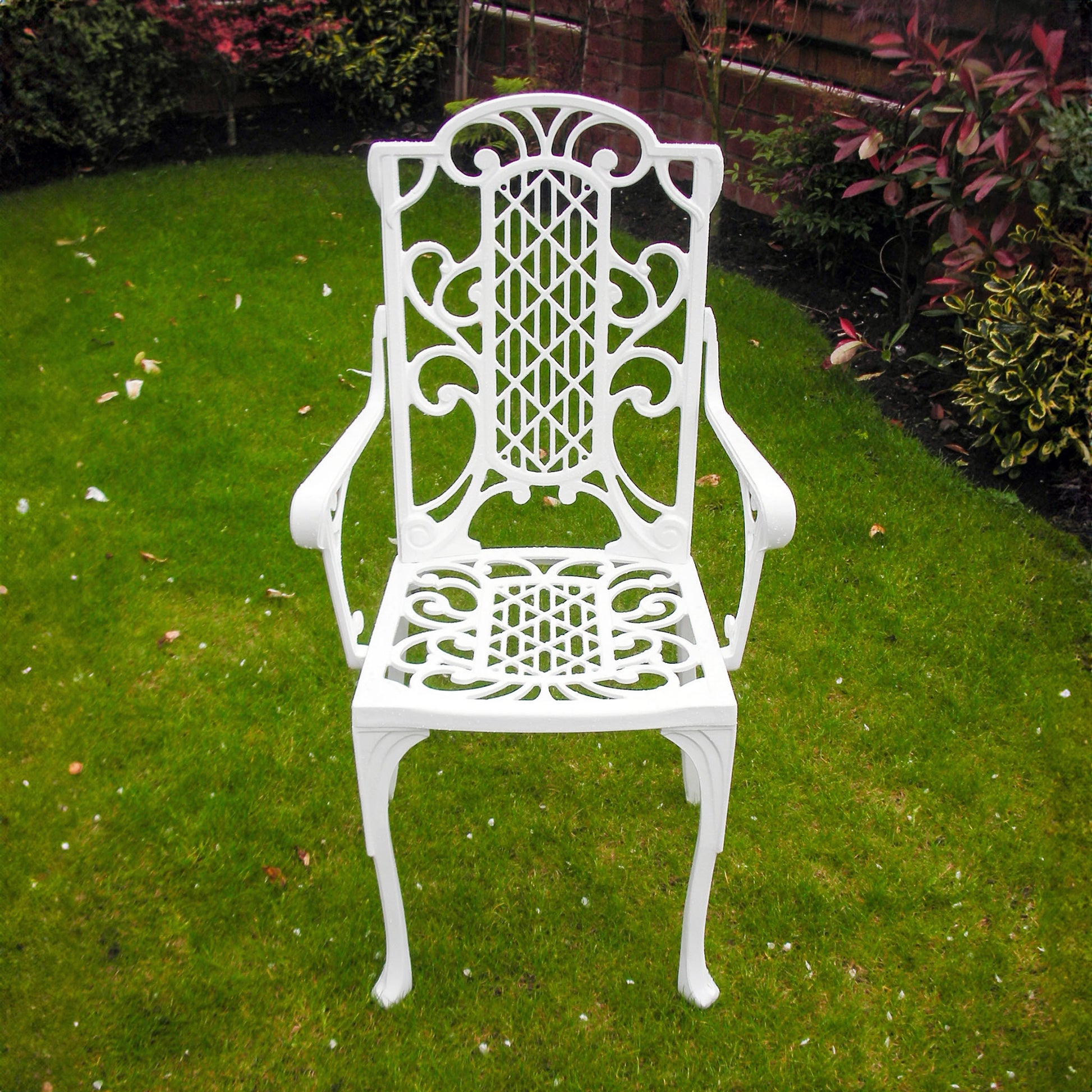The Foalyard Jardine Leisure Aluminium Victorian Carver Chair White Garden front view