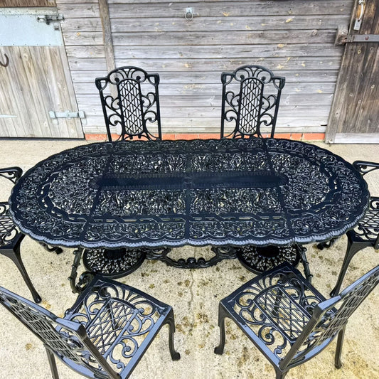 The Foalyard Jardine Leisure Aluminium Victorian Grand Table with Diner and Carver Chairs Garden Dining Black Set for Six