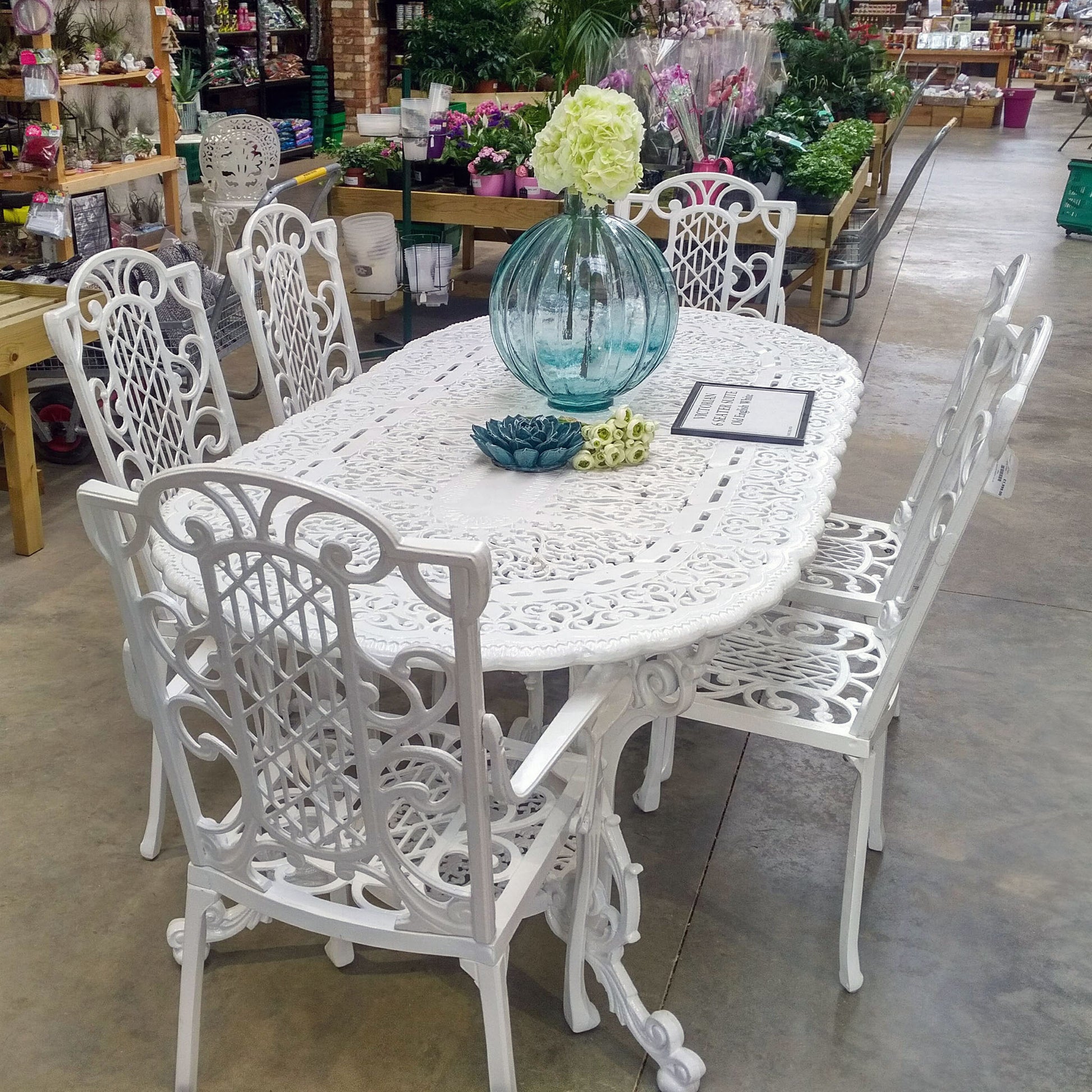 The Foalyard Jardine Leisure Aluminium Victorian Grand Table with Diner and Carver Chairs Garden Dining White Set for Six