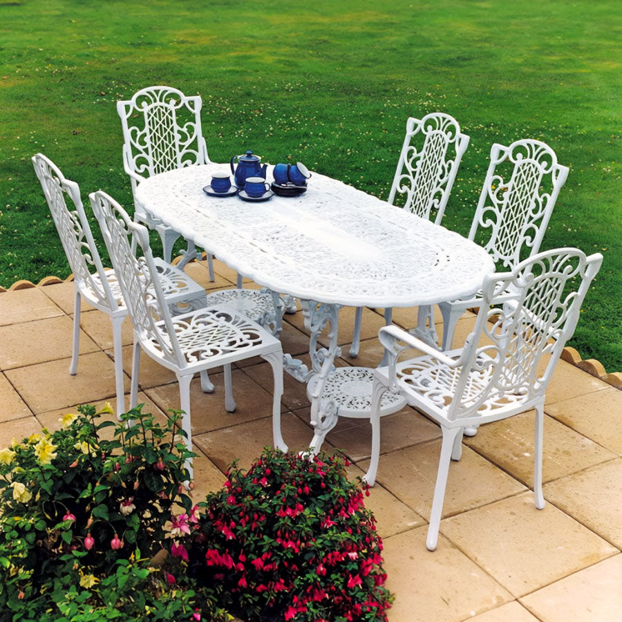 The Foalyard Jardine Leisure Aluminium Victorian Grand Table with Diner and Carver Chairs White Garden Dining Set for Six