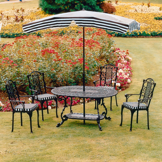 The Foalyard Jardine Leisure Aluminium Victorian Mini Grand Table with Carver Chairs and parasol