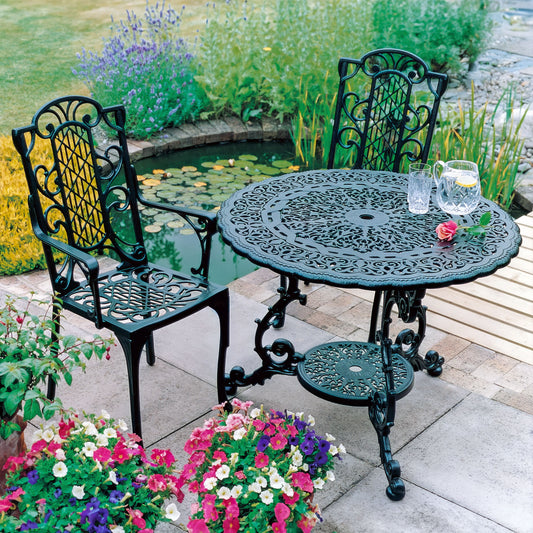 The Foalyard Jardine Leisure Aluminium Victorian Round 94cm Table with Carver Chairs Garden Patio Set for Two Green