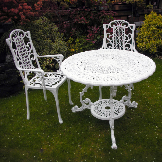 The Foalyard Jardine Leisure Aluminium Victorian Round 94cm Table with Carver Chairs Garden Patio Set for Two White