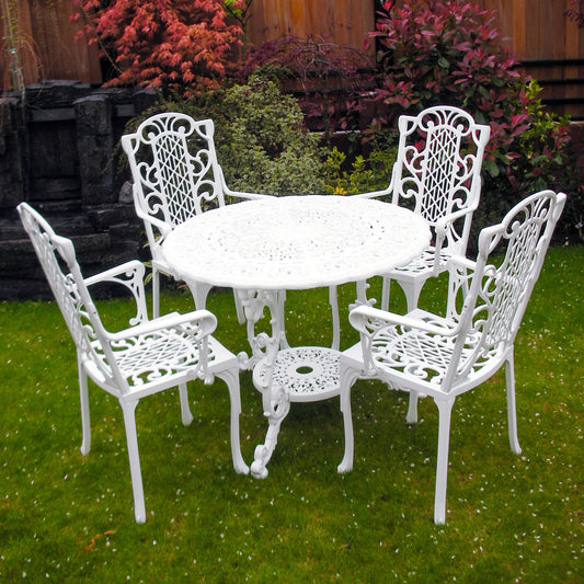 The Foalyard Jardine Leisure Aluminium Victorian Round 94cm Table with Carver Chairs Garden Set for Four Garden Dining White