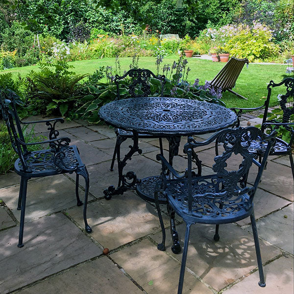 The Foalyard Jardine Leisure Aluminium Victorian Round 94cm Table with Grape Carver Chairs Black Garden Set for Four
